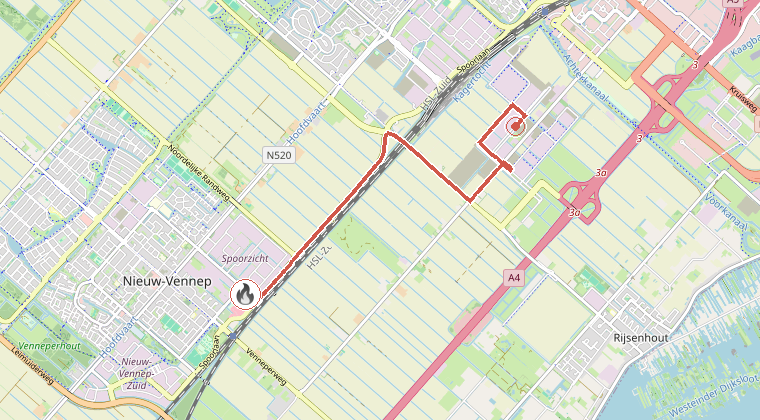 Kaart van de omgeving van de melding, met de kazerne die is gealarmeerd