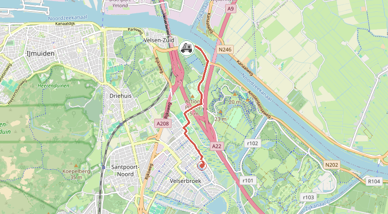Kaart van de omgeving van de melding, met de kazerne die is gealarmeerd