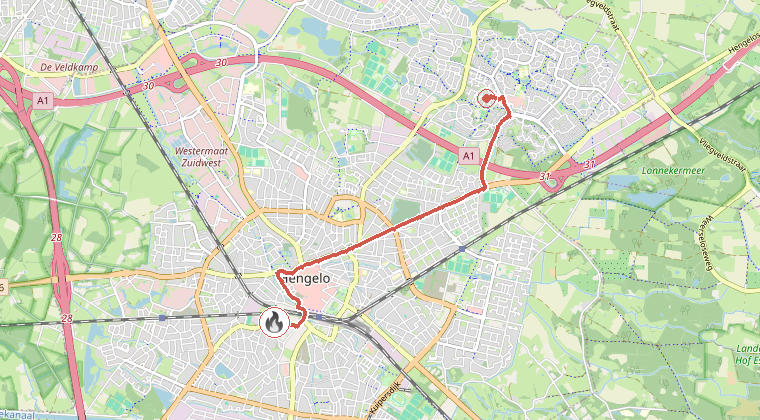 Kaart van de omgeving van de melding, met de kazerne die is gealarmeerd