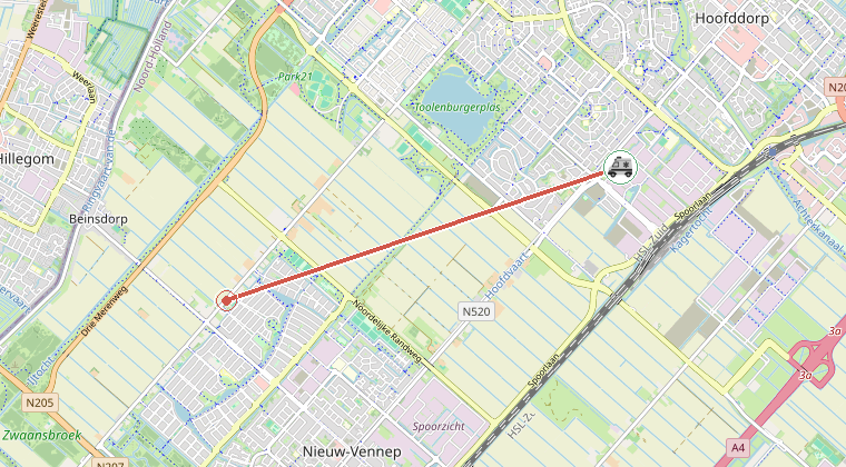 Kaart van de omgeving van de melding, met de kazerne die is gealarmeerd