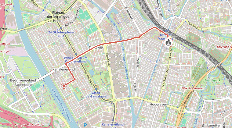 Kaart van de omgeving van de melding, met de kazerne die is gealarmeerd