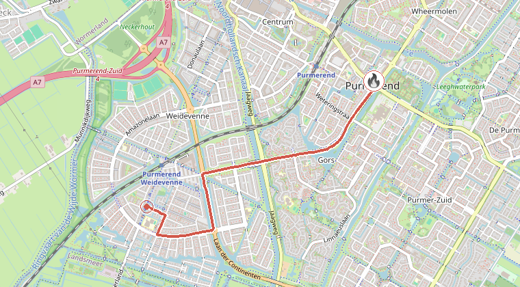 Kaart van de omgeving van de melding, met de kazerne die is gealarmeerd