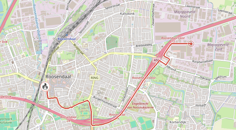 Kaart van de omgeving van de melding, met de kazerne die is gealarmeerd