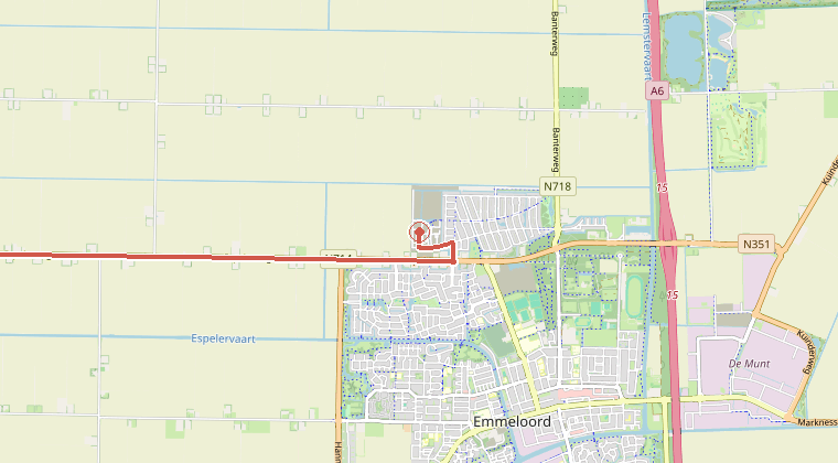 Kaart van de omgeving van de melding, met de kazerne die is gealarmeerd