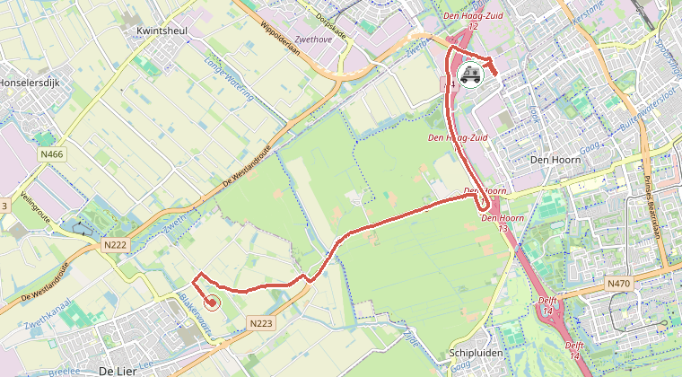 Kaart van de omgeving van de melding, met de kazerne die is gealarmeerd