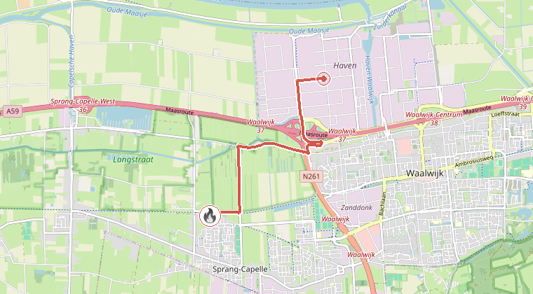 Kaart van de omgeving van de melding, met de kazerne die is gealarmeerd