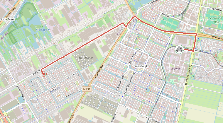 Kaart van de omgeving van de melding, met de kazerne die is gealarmeerd