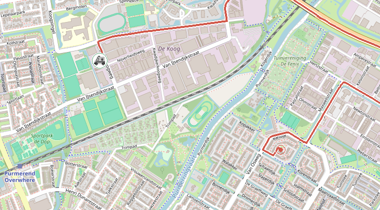 Kaart van de omgeving van de melding, met de kazerne die is gealarmeerd
