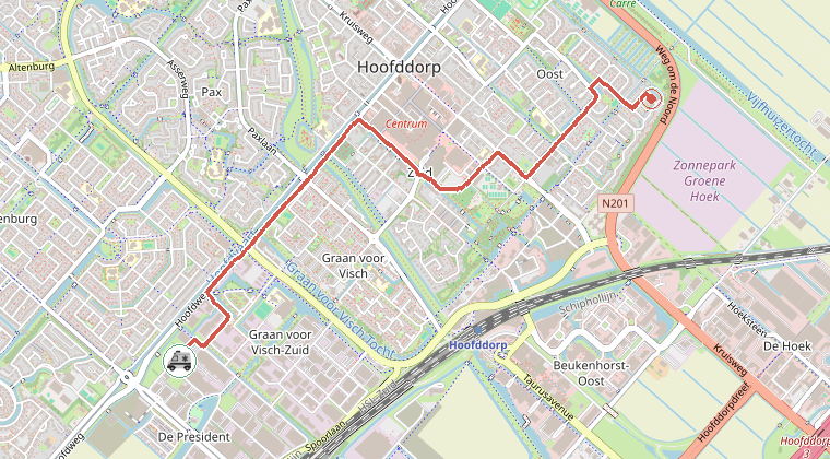 Kaart van de omgeving van de melding, met de kazerne die is gealarmeerd