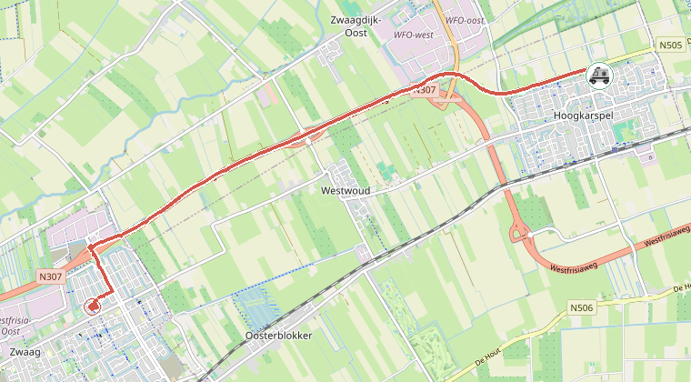Kaart van de omgeving van de melding, met de kazerne die is gealarmeerd