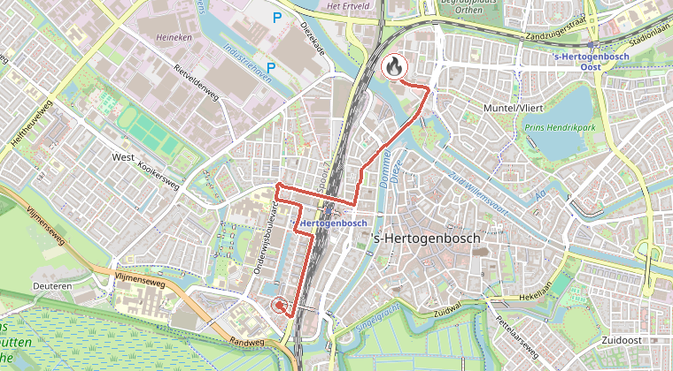Kaart van de omgeving van de melding, met de kazerne die is gealarmeerd