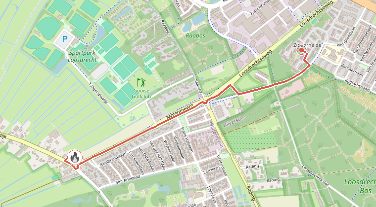 Kaart van de omgeving van de melding, met de kazerne die is gealarmeerd