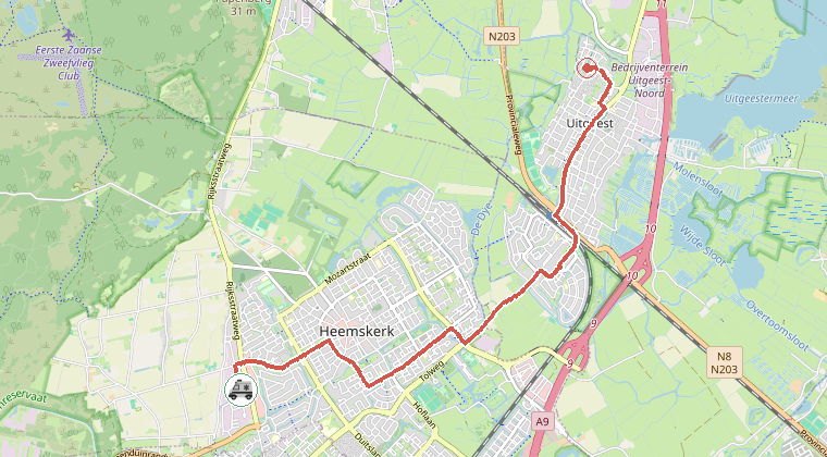 Kaart van de omgeving van de melding, met de kazerne die is gealarmeerd