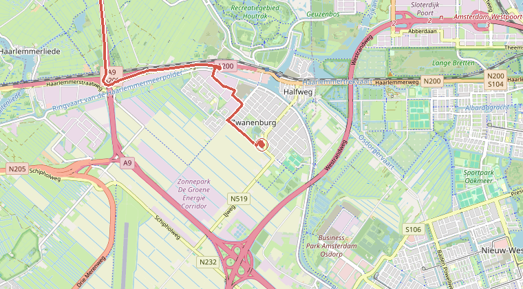 Kaart van de omgeving van de melding, met de kazerne die is gealarmeerd