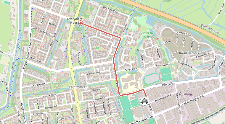 Kaart van de omgeving van de melding, met de kazerne die is gealarmeerd