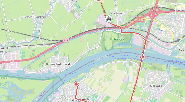 Kaart van de omgeving van de melding, met de kazerne die is gealarmeerd