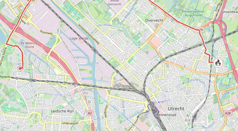 Kaart van de omgeving van de melding, met de kazerne die is gealarmeerd