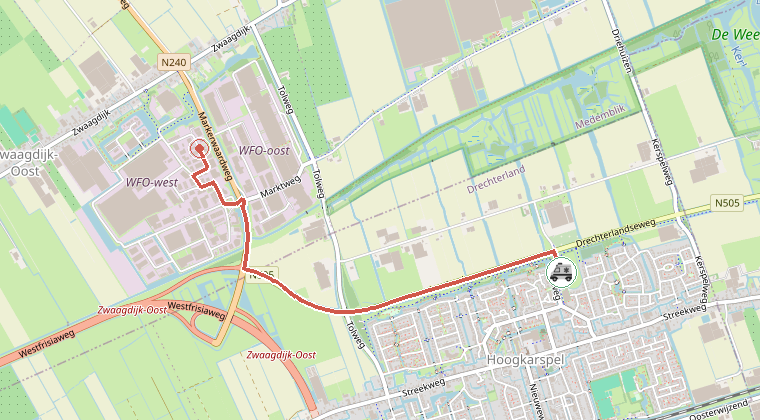 Kaart van de omgeving van de melding, met de kazerne die is gealarmeerd