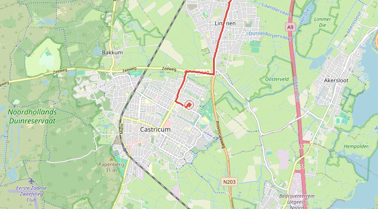 Kaart van de omgeving van de melding, met de kazerne die is gealarmeerd