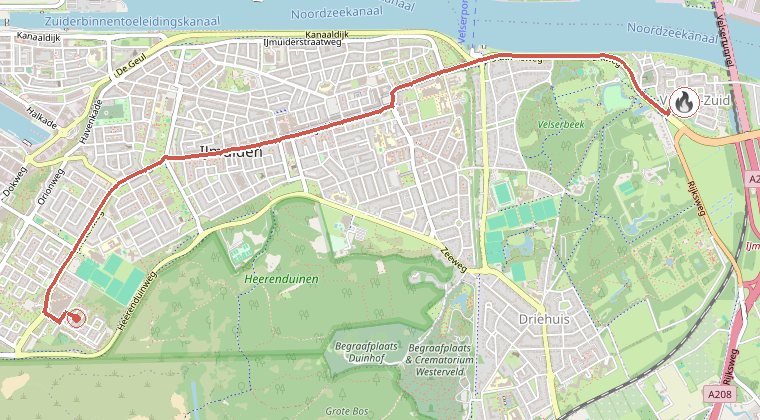 Kaart van de omgeving van de melding, met de kazerne die is gealarmeerd