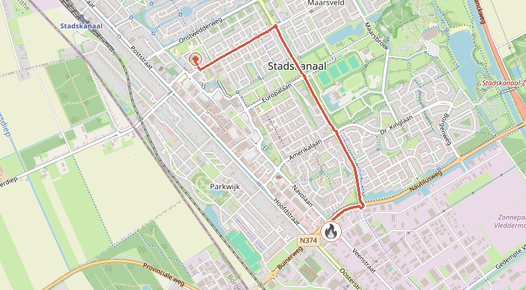 Kaart van de omgeving van de melding, met de kazerne die is gealarmeerd