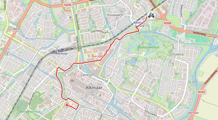 Kaart van de omgeving van de melding, met de kazerne die is gealarmeerd