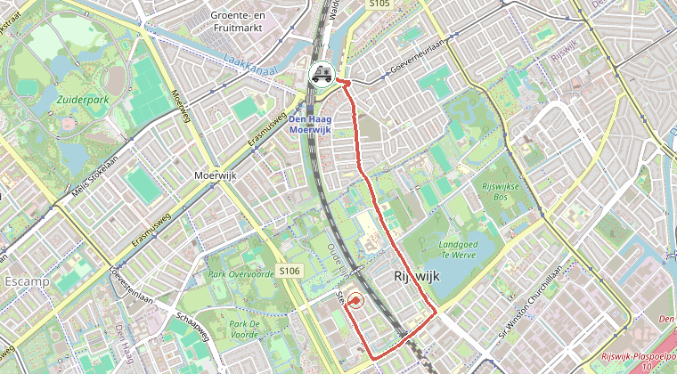 Kaart van de omgeving van de melding, met de kazerne die is gealarmeerd