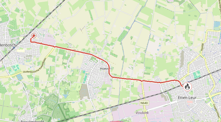 Kaart van de omgeving van de melding, met de kazerne die is gealarmeerd