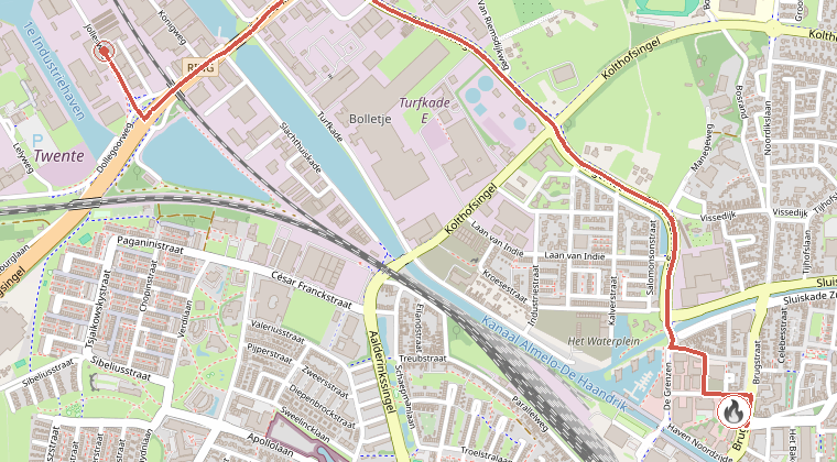 Kaart van de omgeving van de melding, met de kazerne die is gealarmeerd