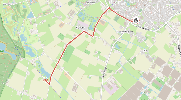 Kaart van de omgeving van de melding, met de kazerne die is gealarmeerd