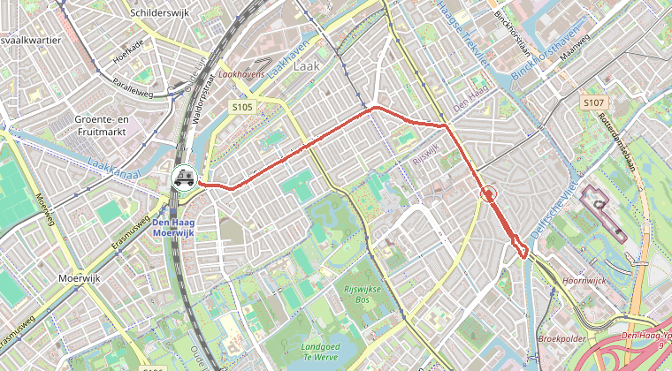 Kaart van de omgeving van de melding, met de kazerne die is gealarmeerd