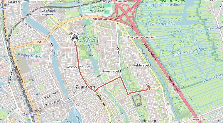 Kaart van de omgeving van de melding, met de kazerne die is gealarmeerd