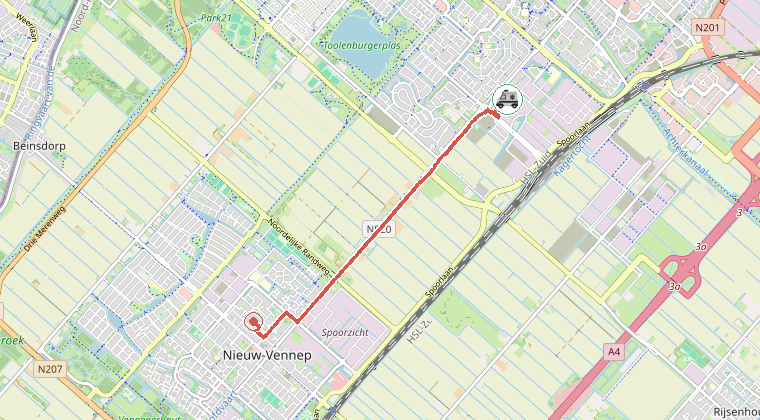 Kaart van de omgeving van de melding, met de kazerne die is gealarmeerd