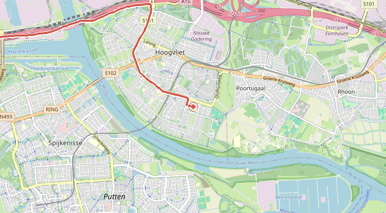 Kaart van de omgeving van de melding, met de kazerne die is gealarmeerd