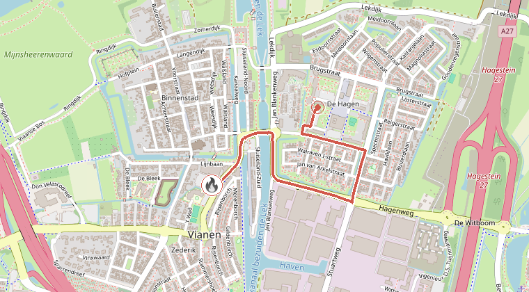 Kaart van de omgeving van de melding, met de kazerne die is gealarmeerd