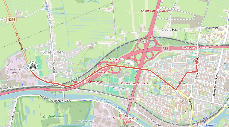 Kaart van de omgeving van de melding, met de kazerne die is gealarmeerd