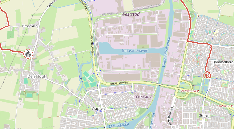 Kaart van de omgeving van de melding, met de kazerne die is gealarmeerd