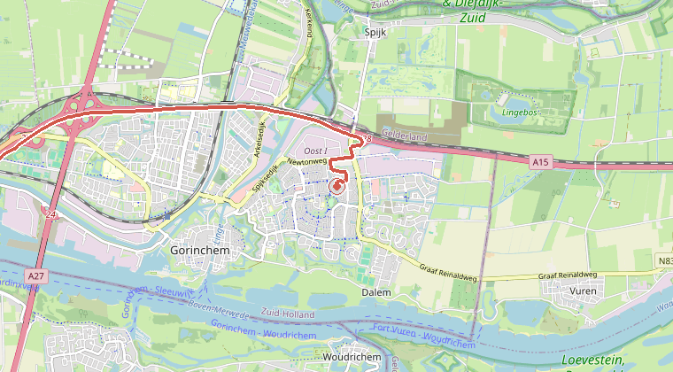 Kaart van de omgeving van de melding, met de kazerne die is gealarmeerd