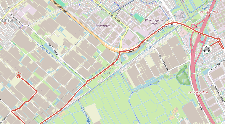Kaart van de omgeving van de melding, met de kazerne die is gealarmeerd