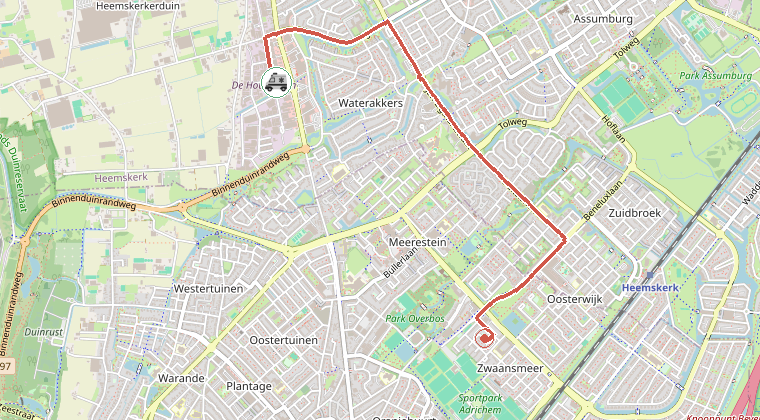 Kaart van de omgeving van de melding, met de kazerne die is gealarmeerd