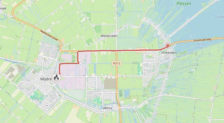 Kaart van de omgeving van de melding, met de kazerne die is gealarmeerd