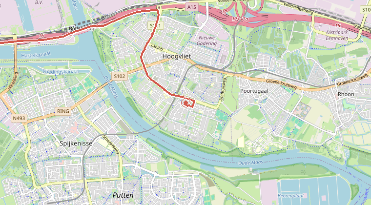 Kaart van de omgeving van de melding, met de kazerne die is gealarmeerd