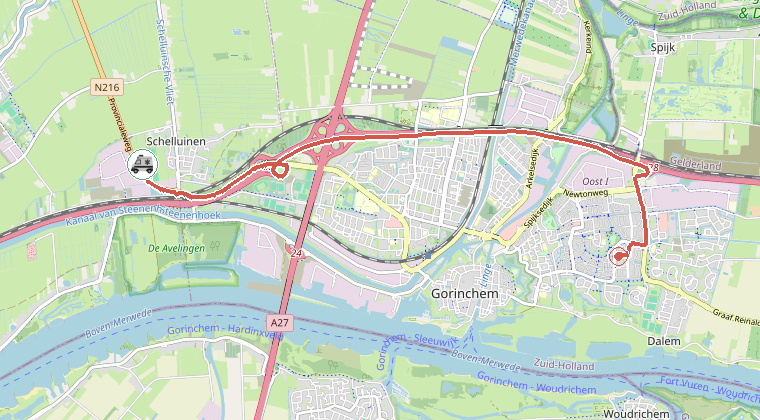 Kaart van de omgeving van de melding, met de kazerne die is gealarmeerd
