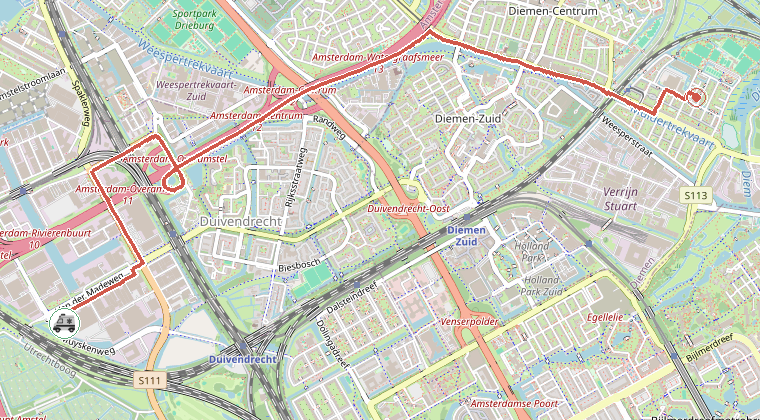 Kaart van de omgeving van de melding, met de kazerne die is gealarmeerd