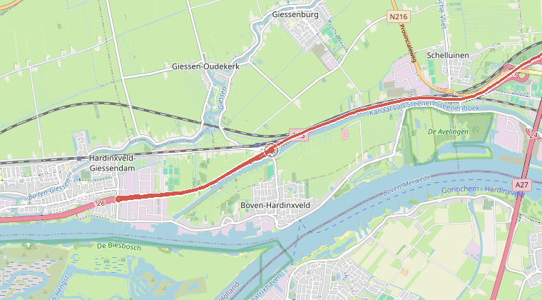 Kaart van de omgeving van de melding, met de kazerne die is gealarmeerd
