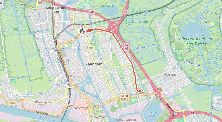 Kaart van de omgeving van de melding, met de kazerne die is gealarmeerd