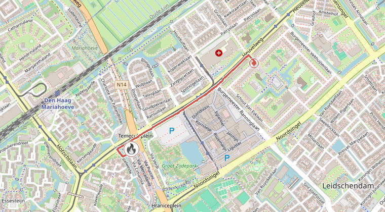 Kaart van de omgeving van de melding, met de kazerne die is gealarmeerd