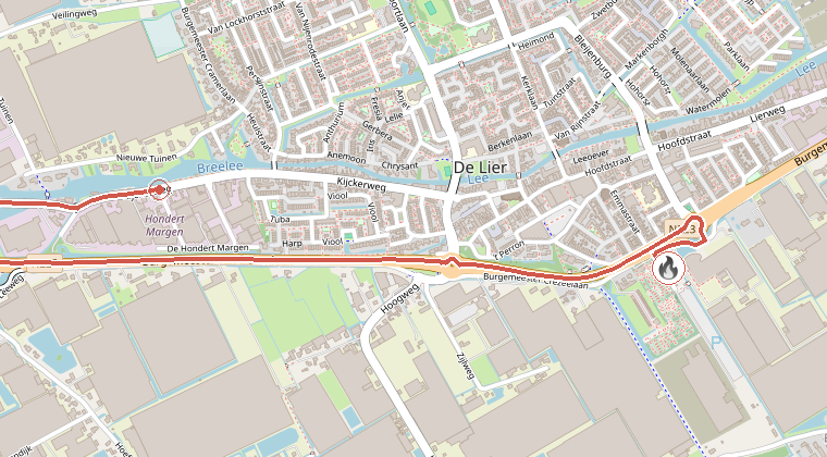 Kaart van de omgeving van de melding, met de kazerne die is gealarmeerd