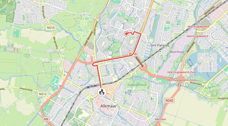 Kaart van de omgeving van de melding, met de kazerne die is gealarmeerd