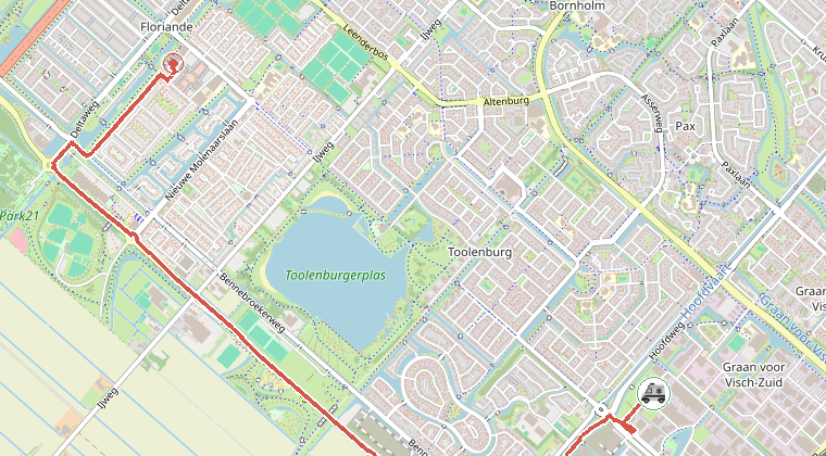 Kaart van de omgeving van de melding, met de kazerne die is gealarmeerd